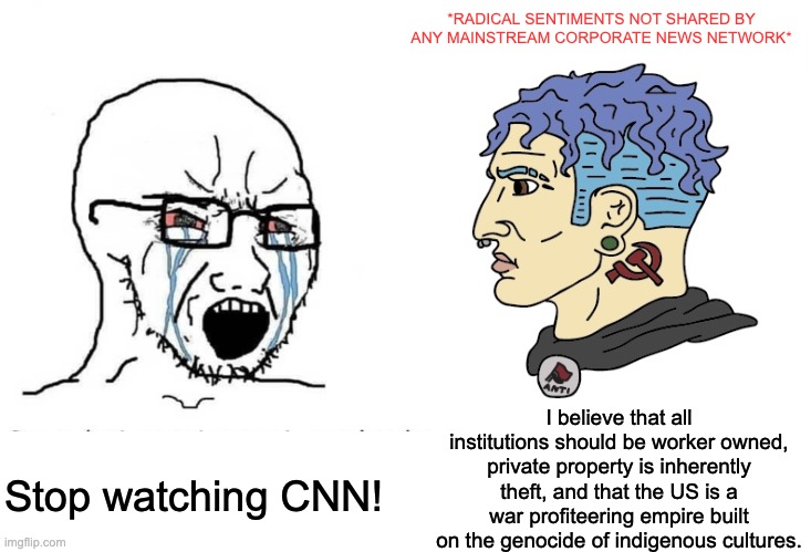 Nobody gets radicalized by CNN. | *RADICAL SENTIMENTS NOT SHARED BY ANY MAINSTREAM CORPORATE NEWS NETWORK*; I believe that all institutions should be worker owned, private property is inherently theft, and that the US is a war profiteering empire built on the genocide of indigenous cultures. Stop watching CNN! | image tagged in soyboy vs yes chad,cnn,fake news,communist | made w/ Imgflip meme maker