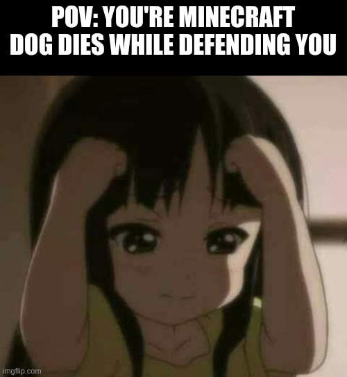 nooo dogo | POV: YOU'RE MINECRAFT DOG DIES WHILE DEFENDING YOU | image tagged in crying anime girl | made w/ Imgflip meme maker