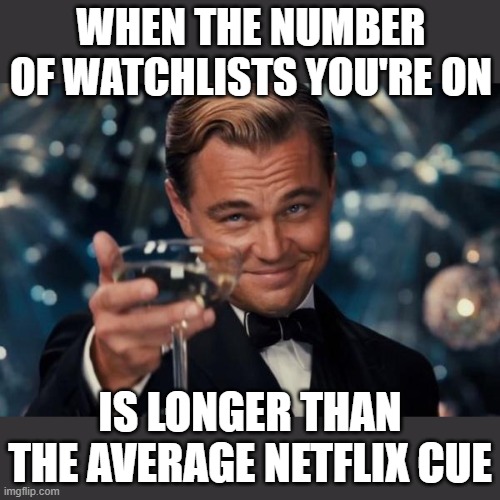 Leonardo Dicaprio Cheers Meme | WHEN THE NUMBER OF WATCHLISTS YOU'RE ON; IS LONGER THAN THE AVERAGE NETFLIX CUE | image tagged in memes,leonardo dicaprio cheers | made w/ Imgflip meme maker