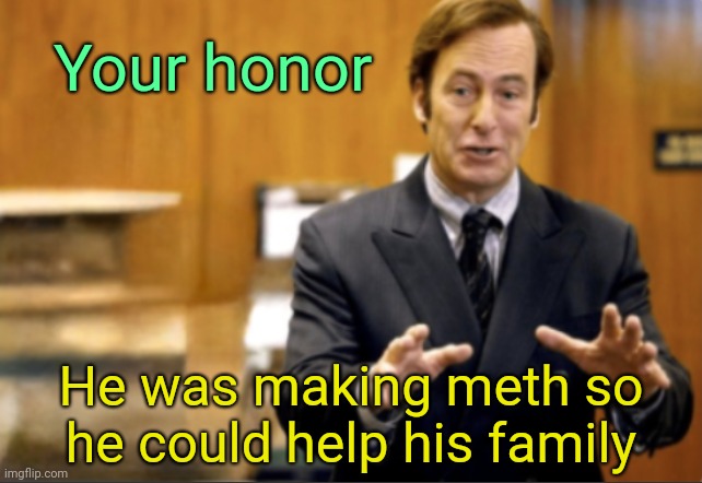Saul Goodman defending | Your honor; He was making meth so he could help his family | image tagged in saul goodman defending | made w/ Imgflip meme maker