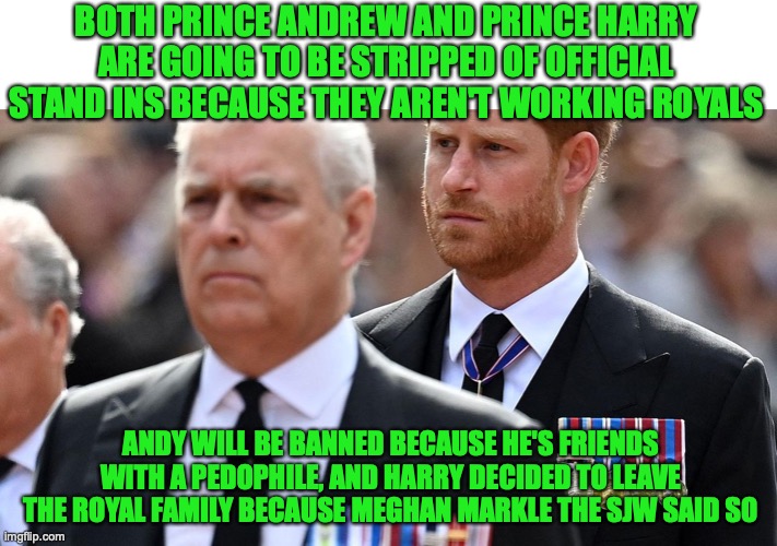 More information in the comments | BOTH PRINCE ANDREW AND PRINCE HARRY ARE GOING TO BE STRIPPED OF OFFICIAL STAND INS BECAUSE THEY AREN'T WORKING ROYALS; ANDY WILL BE BANNED BECAUSE HE'S FRIENDS WITH A PEDOPHILE, AND HARRY DECIDED TO LEAVE THE ROYAL FAMILY BECAUSE MEGHAN MARKLE THE SJW SAID SO | image tagged in prince andrew and prince harry,pedophile,woke,prince charles,stand-ins | made w/ Imgflip meme maker