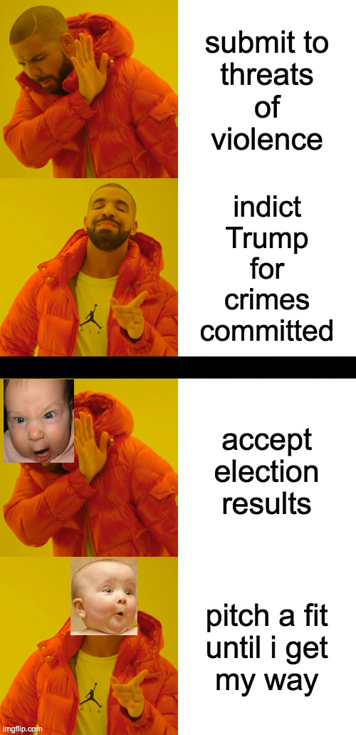 Identify the parties Part 2. | submit to
threats
of
violence; indict
Trump
for
crimes
committed; accept
election
results; pitch a fit
until i get
my way | image tagged in memes,drake hotline bling,democrats,republicans | made w/ Imgflip meme maker