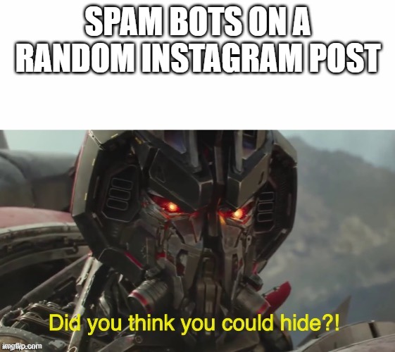 Everytime | SPAM BOTS ON A RANDOM INSTAGRAM POST | image tagged in did you think you could hide,instagram,bots | made w/ Imgflip meme maker