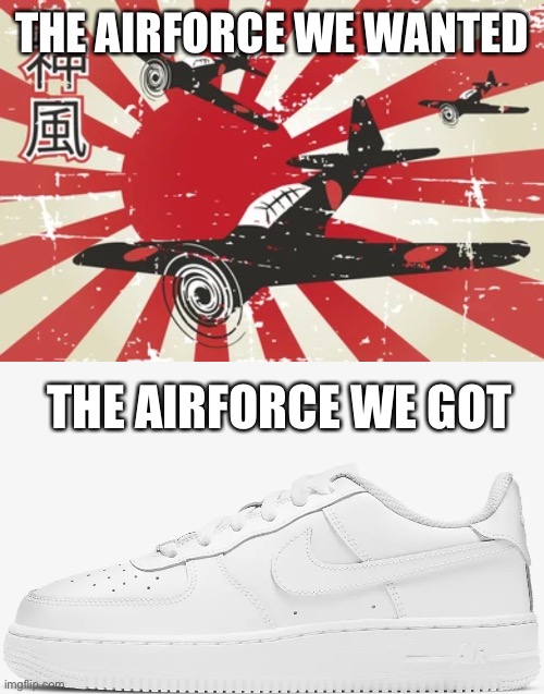 Plane Go BOOM | THE AIRFORCE WE WANTED; THE AIRFORCE WE GOT | image tagged in kamikaze,nike,funny meme,japan | made w/ Imgflip meme maker