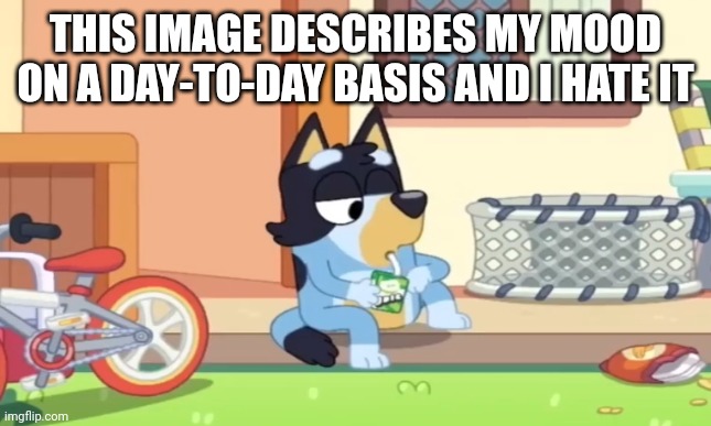 Accuracy 100 | THIS IMAGE DESCRIBES MY MOOD ON A DAY-TO-DAY BASIS AND I HATE IT | image tagged in bluey,funny,relatable,cartoons | made w/ Imgflip meme maker