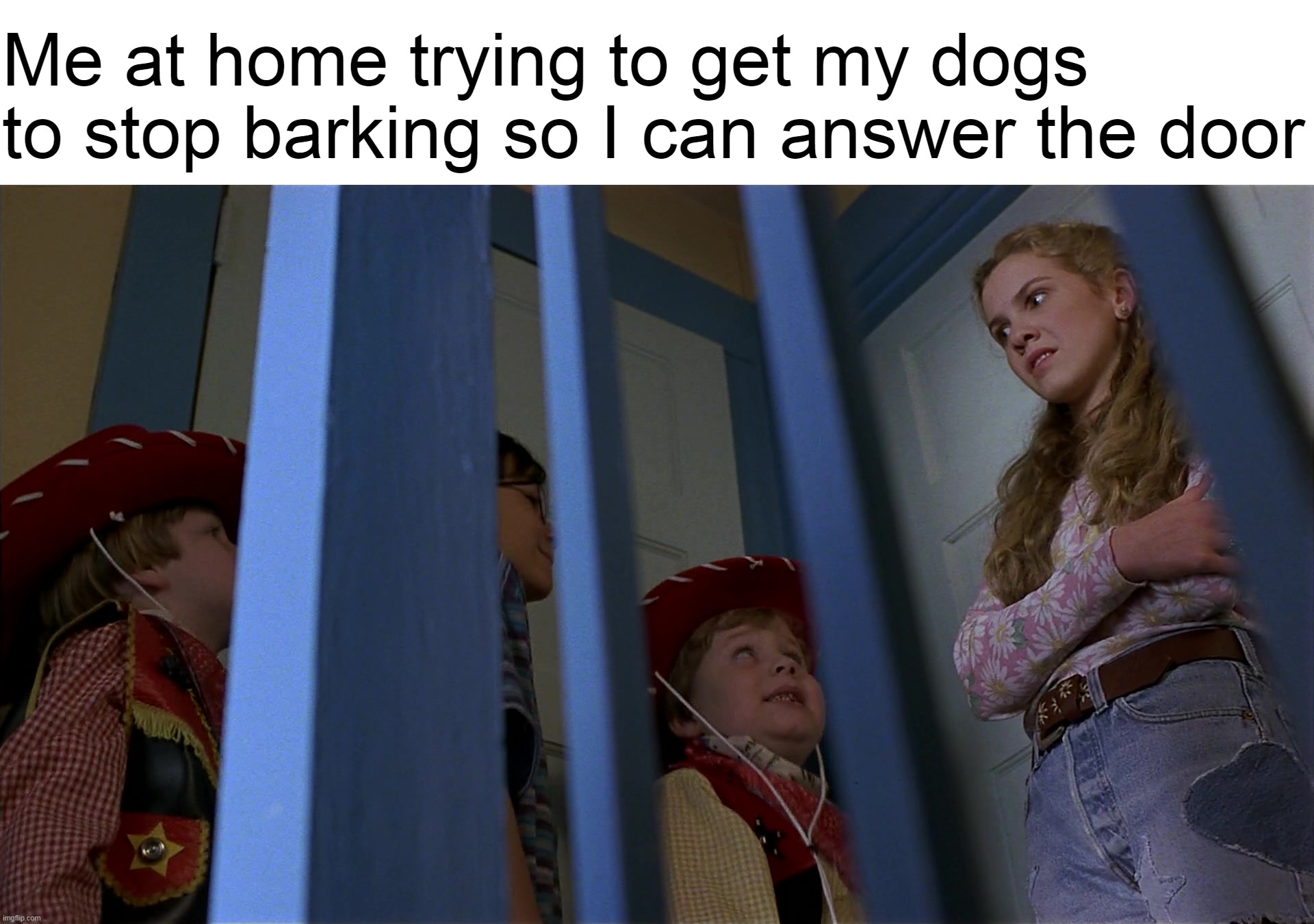 A Chaotic Struggle | Me at home trying to get my dogs to stop barking so I can answer the door | image tagged in meme,memes,humor,relatable,dogs,funny | made w/ Imgflip meme maker