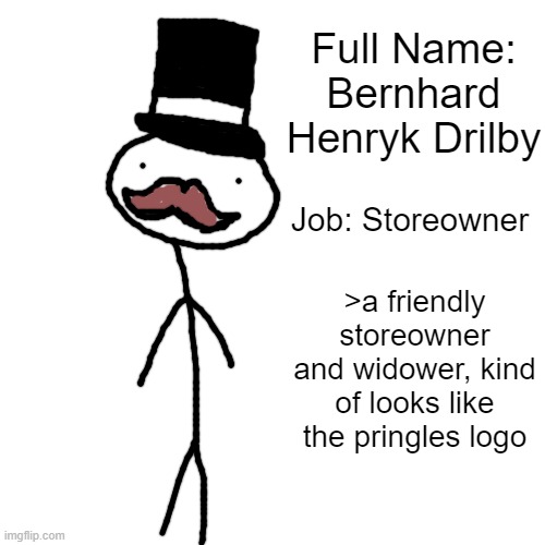Blank Transparent Square Meme | Full Name: Bernhard Henryk Drilby Job: Storeowner >a friendly storeowner and widower, kind of looks like the pringles logo | image tagged in memes,blank transparent square | made w/ Imgflip meme maker