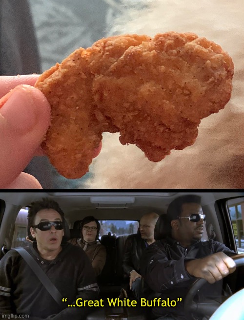 A Buffalo Chimkin Nuggie | “…Great White Buffalo” | image tagged in funny memes,chicken nuggets,great white buffalo,hot tub time machine | made w/ Imgflip meme maker
