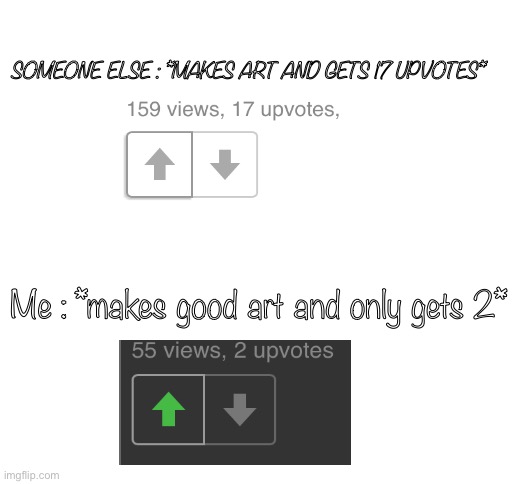 Don’t y’all hate it when this happens .-. | SOMEONE ELSE : *MAKES ART AND GETS 17 UPVOTES*; Me : *makes good art and only gets 2* | image tagged in blank white template | made w/ Imgflip meme maker