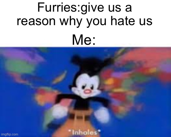 yakko inhale | Furries:give us a reason why you hate us; Me: | image tagged in yakko inhale,anti furry | made w/ Imgflip meme maker