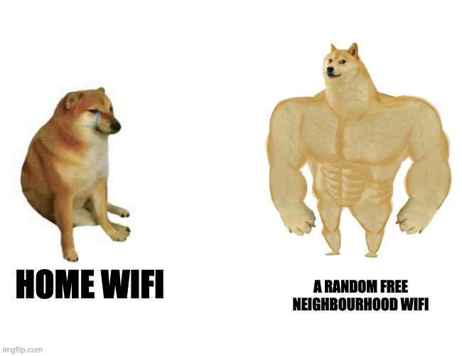 wifi | A RANDOM FREE NEIGHBOURHOOD WIFI; HOME WIFI | image tagged in cheems vs buff doge flipped | made w/ Imgflip meme maker