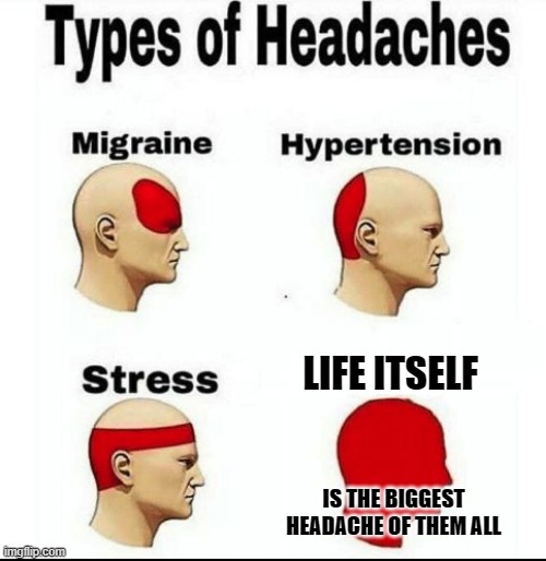 The Granddaddy Of All Headache | LIFE ITSELF; IS THE BIGGEST HEADACHE OF THEM ALL | image tagged in types of headaches meme,memes,headaches,life,so true,pain | made w/ Imgflip meme maker