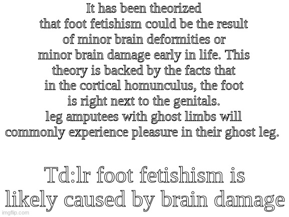Blank White Template | It has been theorized that foot fetishism could be the result of minor brain deformities or minor brain damage early in life. This theory is backed by the facts that in the cortical homunculus, the foot is right next to the genitals. leg amputees with ghost limbs will commonly experience pleasure in their ghost leg. Td:lr foot fetishism is likely caused by brain damage | image tagged in blank white template | made w/ Imgflip meme maker