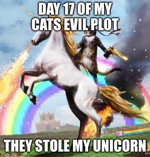 they will kill me | DAY 17 OF MY CATS EVIL PLOT; THEY STOLE MY UNICORN | image tagged in memes,welcome to the internets | made w/ Imgflip meme maker