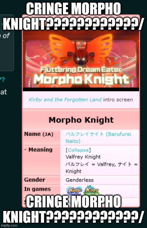 CRINGE MORPHO KNIGHT????????????/; CRINGE MORPHO KNIGHT????????????/ | made w/ Imgflip meme maker