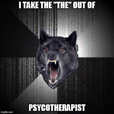 Insanity Wolf Meme | I TAKE THE "THE" OUT OF PSYCOTHERAPIST | image tagged in memes,insanity wolf | made w/ Imgflip meme maker