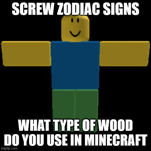 Roblox Noob T-posing | SCREW ZODIAC SIGNS; WHAT TYPE OF WOOD DO YOU USE IN MINECRAFT | image tagged in roblox noob t-posing | made w/ Imgflip meme maker