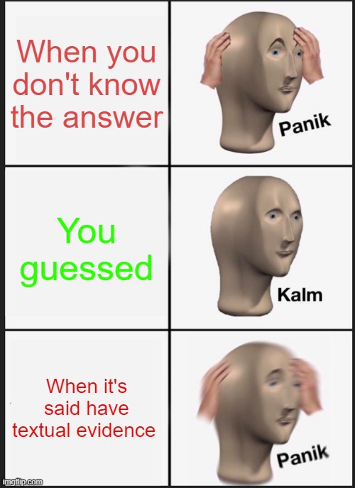 When you Don't know | When you don't know the answer; You guessed; When it's said have textual evidence | image tagged in memes,panik kalm panik | made w/ Imgflip meme maker