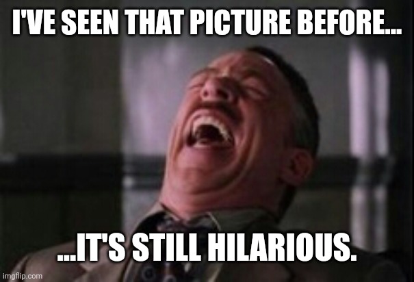 J Jonah Jameson laughing | I'VE SEEN THAT PICTURE BEFORE... ...IT'S STILL HILARIOUS. | image tagged in j jonah jameson laughing | made w/ Imgflip meme maker