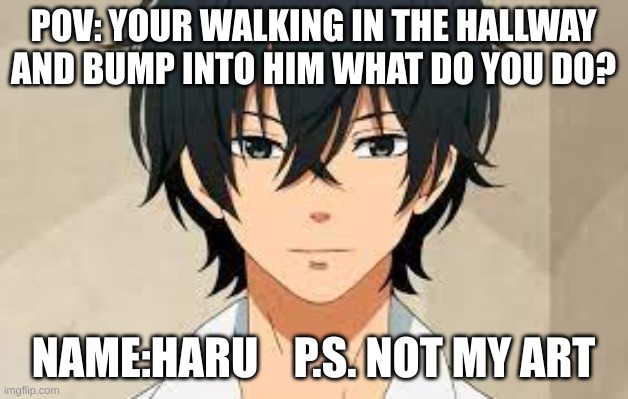 POV: YOUR WALKING IN THE HALLWAY AND BUMP INTO HIM WHAT DO YOU DO? NAME:HARU    P.S. NOT MY ART | made w/ Imgflip meme maker