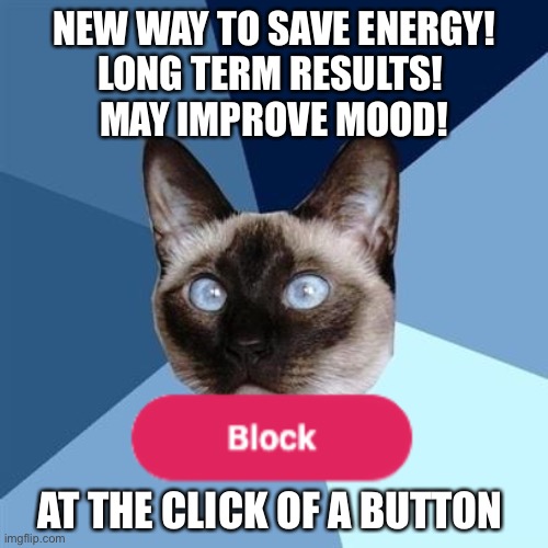 Save energy, improve mood, click Block on the fake cures, toxic positivity and unwanted advice | NEW WAY TO SAVE ENERGY!
LONG TERM RESULTS! 
MAY IMPROVE MOOD! AT THE CLICK OF A BUTTON | image tagged in chronic illness cat,chronic illness,fatigue,advice,ableism,toxic positivity | made w/ Imgflip meme maker