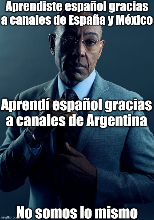 Aprender español gracias a canales de Latinoamérica | Aprendiste español gracias a canales de España y México; Aprendí español gracias a canales de Argentina; No somos lo mismo | image tagged in gus fring we are not the same,youtube,spanish,memes | made w/ Imgflip meme maker