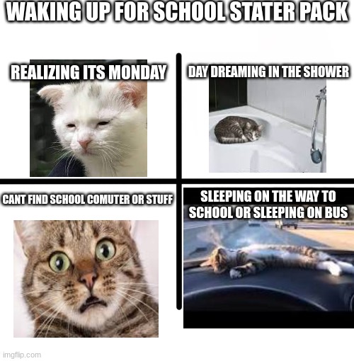 Blank Starter Pack | WAKING UP FOR SCHOOL STATER PACK; DAY DREAMING IN THE SHOWER; REALIZING ITS MONDAY; CANT FIND SCHOOL COMUTER OR STUFF; SLEEPING ON THE WAY TO SCHOOL OR SLEEPING ON BUS | image tagged in memes,blank starter pack,school,school sucks,cats | made w/ Imgflip meme maker