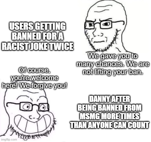 Not hating the guy or anything | USERS GETTING BANNED FOR A RACIST JOKE TWICE; We gave you to many chances. We are not lifting your ban. Of course, you're welcome here! We forgive you! DANNY AFTER BEING BANNED FROM MSMG MORE TIMES THAN ANYONE CAN COUNT | image tagged in hypocrite neckbeard | made w/ Imgflip meme maker
