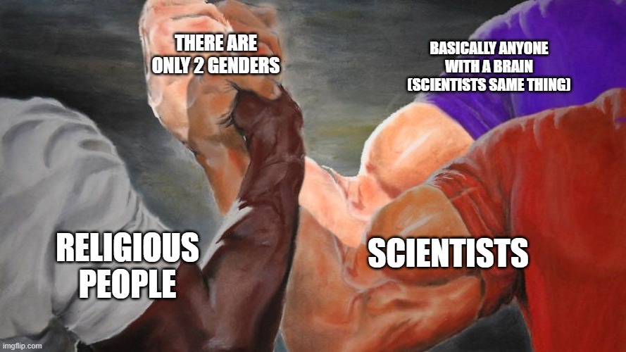 Epic Handshake Three Way | THERE ARE ONLY 2 GENDERS; BASICALLY ANYONE WITH A BRAIN (SCIENTISTS SAME THING); SCIENTISTS; RELIGIOUS PEOPLE | image tagged in epic handshake three way | made w/ Imgflip meme maker