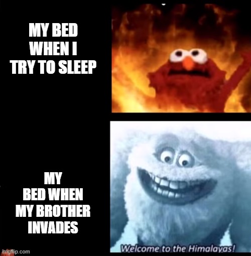 So true | MY BED WHEN I TRY TO SLEEP; MY BED WHEN MY BROTHER INVADES | image tagged in hot and cold | made w/ Imgflip meme maker