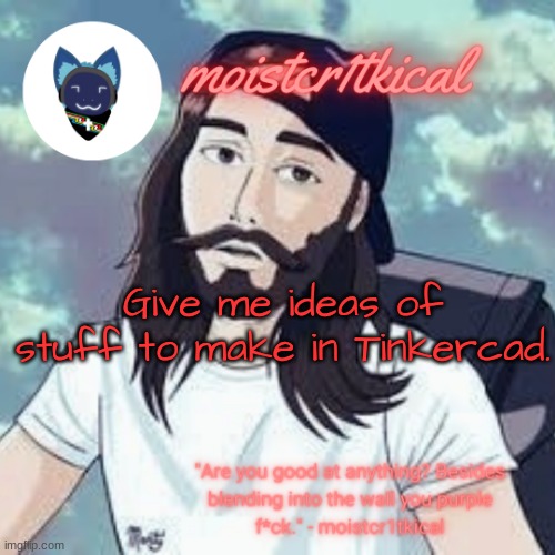 it's a basic 3d modeling software | Give me ideas of stuff to make in Tinkercad. | image tagged in moistcr1tkical temp | made w/ Imgflip meme maker
