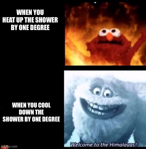 Hot and cold | WHEN YOU HEAT UP THE SHOWER BY ONE DEGREE; WHEN YOU COOL DOWN THE SHOWER BY ONE DEGREE | image tagged in hot and cold,whyyyy,oh wow are you actually reading these tags,shower | made w/ Imgflip meme maker