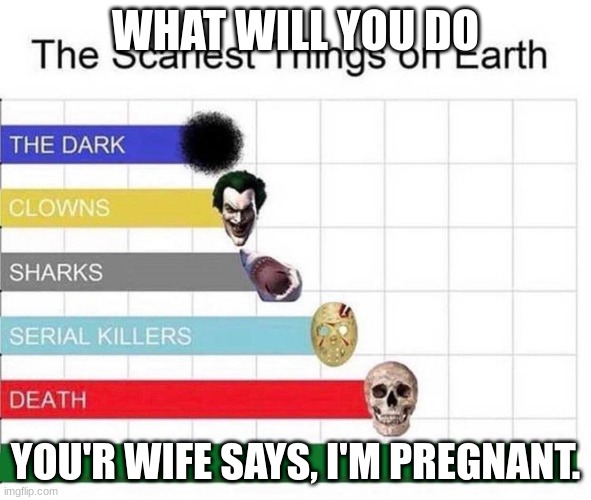 scariest things in the world | WHAT WILL YOU DO; YOU'R WIFE SAYS, I'M PREGNANT. | image tagged in scariest things in the world | made w/ Imgflip meme maker