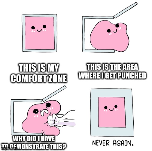 Pink Blob In the Box | THIS IS MY COMFORT ZONE; THIS IS THE AREA WHERE I GET PUNCHED; WHY DID I HAVE TO DEMONSTRATE THIS? | image tagged in pink blob in the box | made w/ Imgflip meme maker