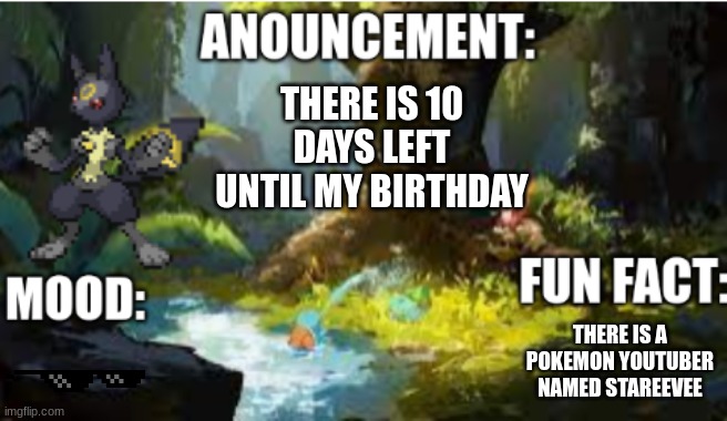 announcement | THERE IS 10 DAYS LEFT UNTIL MY BIRTHDAY; THERE IS A POKEMON YOUTUBER NAMED STAREEVEE | image tagged in announcement 2 1 | made w/ Imgflip meme maker