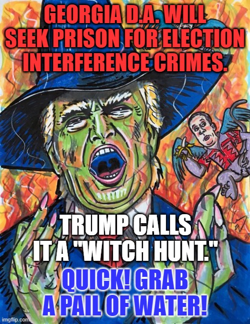 Witch Hunt??  Witch Found!!! | GEORGIA D.A. WILL SEEK PRISON FOR ELECTION INTERFERENCE CRIMES. TRUMP CALLS IT A "WITCH HUNT."; QUICK! GRAB A PAIL OF WATER! | image tagged in politics | made w/ Imgflip meme maker