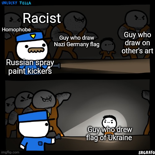 flashlight pointed at child | Racist; Homophobe; Guy who draw Nazi Germany flag; Guy who draw on other's art; Russian spray paint kickers; Guy who drew flag of Ukraine | image tagged in flashlight pointed at child | made w/ Imgflip meme maker