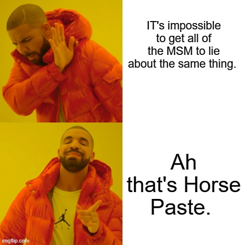 DEMrat liars control MSM | IT's impossible to get all of the MSM to lie about the same thing. Ah that's Horse Paste. | image tagged in memes,drake hotline bling | made w/ Imgflip meme maker