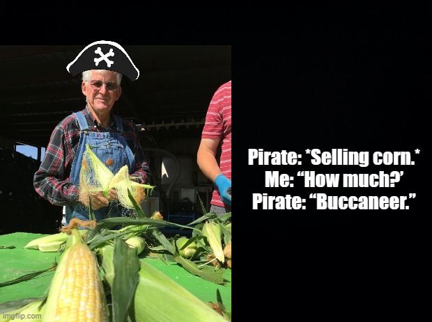 Buccaneer |  Pirate: *Selling corn.*
Me: “How much?’
Pirate: “Buccaneer.” | image tagged in puns,pirate,corn,corny | made w/ Imgflip meme maker