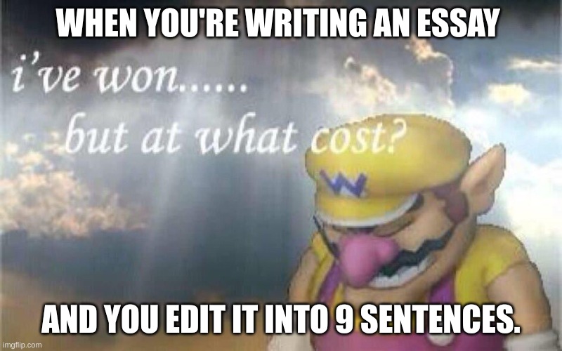 Ive won, but at what cost? | WHEN YOU'RE WRITING AN ESSAY; AND YOU EDIT IT INTO 9 SENTENCES. | image tagged in ive won but at what cost | made w/ Imgflip meme maker