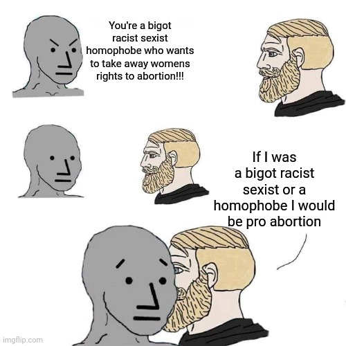 One to make you think | You're a bigot racist sexist homophobe who wants to take away womens rights to abortion!!! If I was a bigot racist sexist or a homophobe I would be pro abortion | image tagged in chad approaching npc,abortion,bigotry,sexism,racism | made w/ Imgflip meme maker