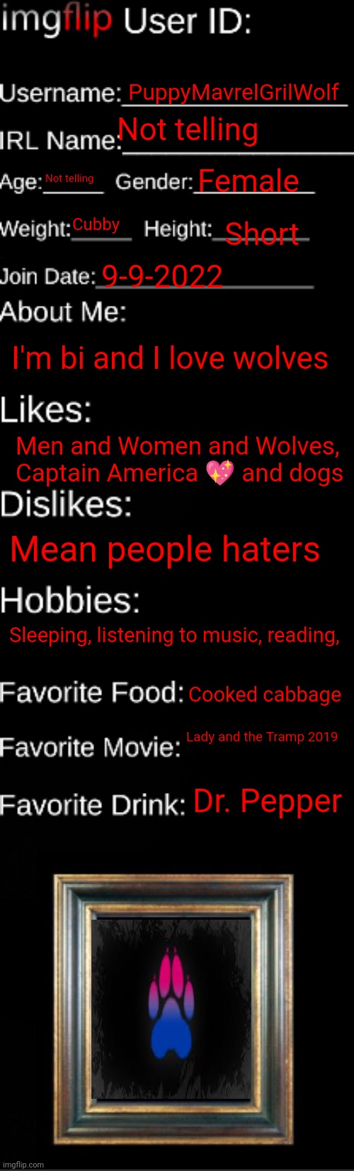 All about me | PuppyMavrelGrilWolf; Not telling; Not telling; Female; Cubby; Short; 9-9-2022; I'm bi and I love wolves; Men and Women and Wolves, Captain America 💖 and dogs; Mean people haters; Sleeping, listening to music, reading, Cooked cabbage; Lady and the Tramp 2019; Dr. Pepper | image tagged in imgflip id card | made w/ Imgflip meme maker