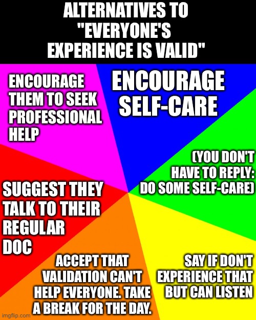 Alternatives to commenting "Everyone's experience is valid" all the time |  ALTERNATIVES TO
"EVERYONE'S 
EXPERIENCE IS VALID"; ENCOURAGE SELF-CARE; ENCOURAGE 
THEM TO SEEK
PROFESSIONAL
HELP; (YOU DON'T HAVE TO REPLY:
DO SOME SELF-CARE); SUGGEST THEY
TALK TO THEIR 
REGULAR 
DOC; SAY IF DON'T EXPERIENCE THAT
BUT CAN LISTEN; ACCEPT THAT VALIDATION CAN'T HELP EVERYONE. TAKE A BREAK FOR THE DAY. | image tagged in validation,peer support,mental health,self care,everyone is valid | made w/ Imgflip meme maker