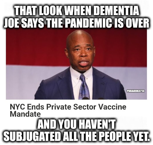 There's always the 2024 pandemic? | THAT LOOK WHEN DEMENTIA JOE SAYS THE PANDEMIC IS OVER; PARADOX3713; AND YOU HAVEN'T SUBJUGATED ALL THE PEOPLE YET. | image tagged in memes,politics,biden,democrats,new york city,tyranny | made w/ Imgflip meme maker