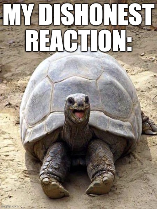 . | MY DISHONEST REACTION: | image tagged in smiling happy excited tortoise | made w/ Imgflip meme maker