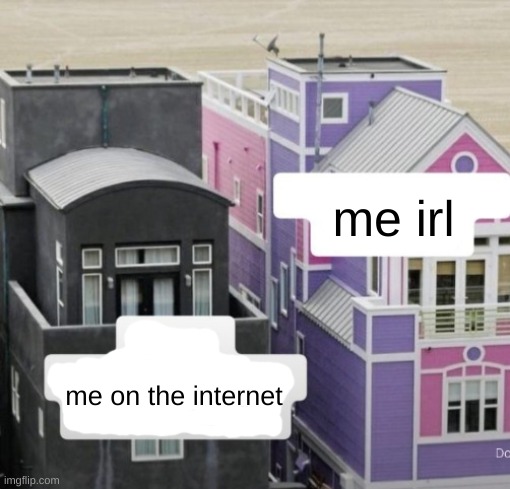 decided to make this a temp | me irl; me on the internet | image tagged in black house pink house | made w/ Imgflip meme maker