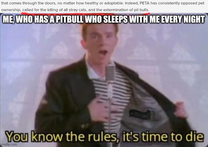 The dog's name is Georgia, and they are not gonna eliminate her without a fight | ME, WHO HAS A PITBULL WHO SLEEPS WITH ME EVERY NIGHT | image tagged in you know the rules it's time to die,peta | made w/ Imgflip meme maker