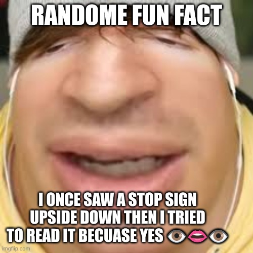e | RANDOME FUN FACT; I ONCE SAW A STOP SIGN UPSIDE DOWN THEN I TRIED TO READ IT BECUASE YES 👁👄👁 | image tagged in e | made w/ Imgflip meme maker