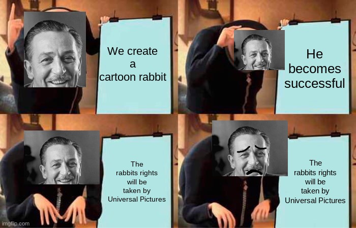 Oswald The Lucky Rabbit's creation plan | We create a cartoon rabbit; He becomes successful; The rabbits rights will be taken by Universal Pictures; The rabbits rights will be taken by Universal Pictures | image tagged in memes,gru's plan | made w/ Imgflip meme maker