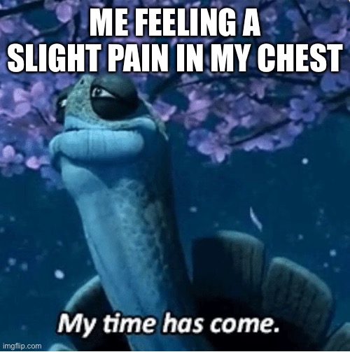 My Time Has Come | ME FEELING A SLIGHT PAIN IN MY CHEST | image tagged in my time has come | made w/ Imgflip meme maker